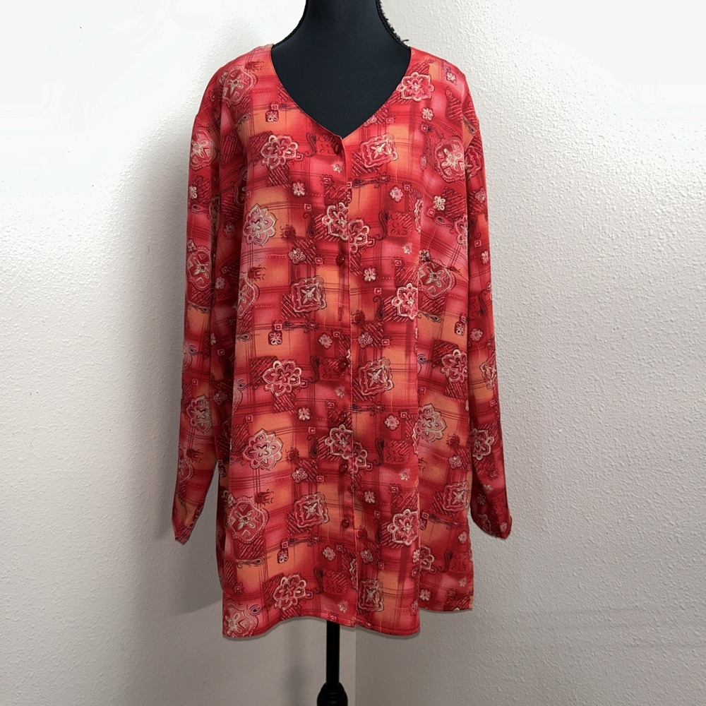 Maggie Barnes Blouse Women's 20W Multicolor Floral Paisley Button Front Artsy